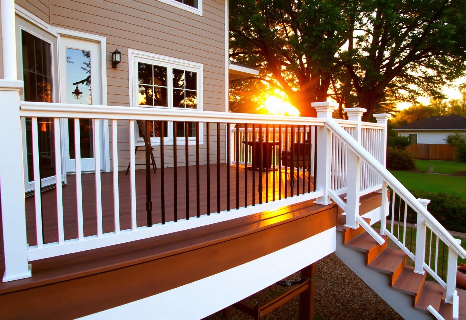 Newly built deck with white railing at golden hour